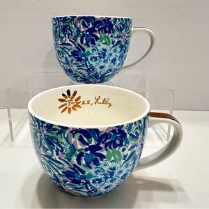 Lilly Pulitzer Ceramic Mugs Blue Floral 12 Oz Coffee Tea Rounded Cups Set of 2‎